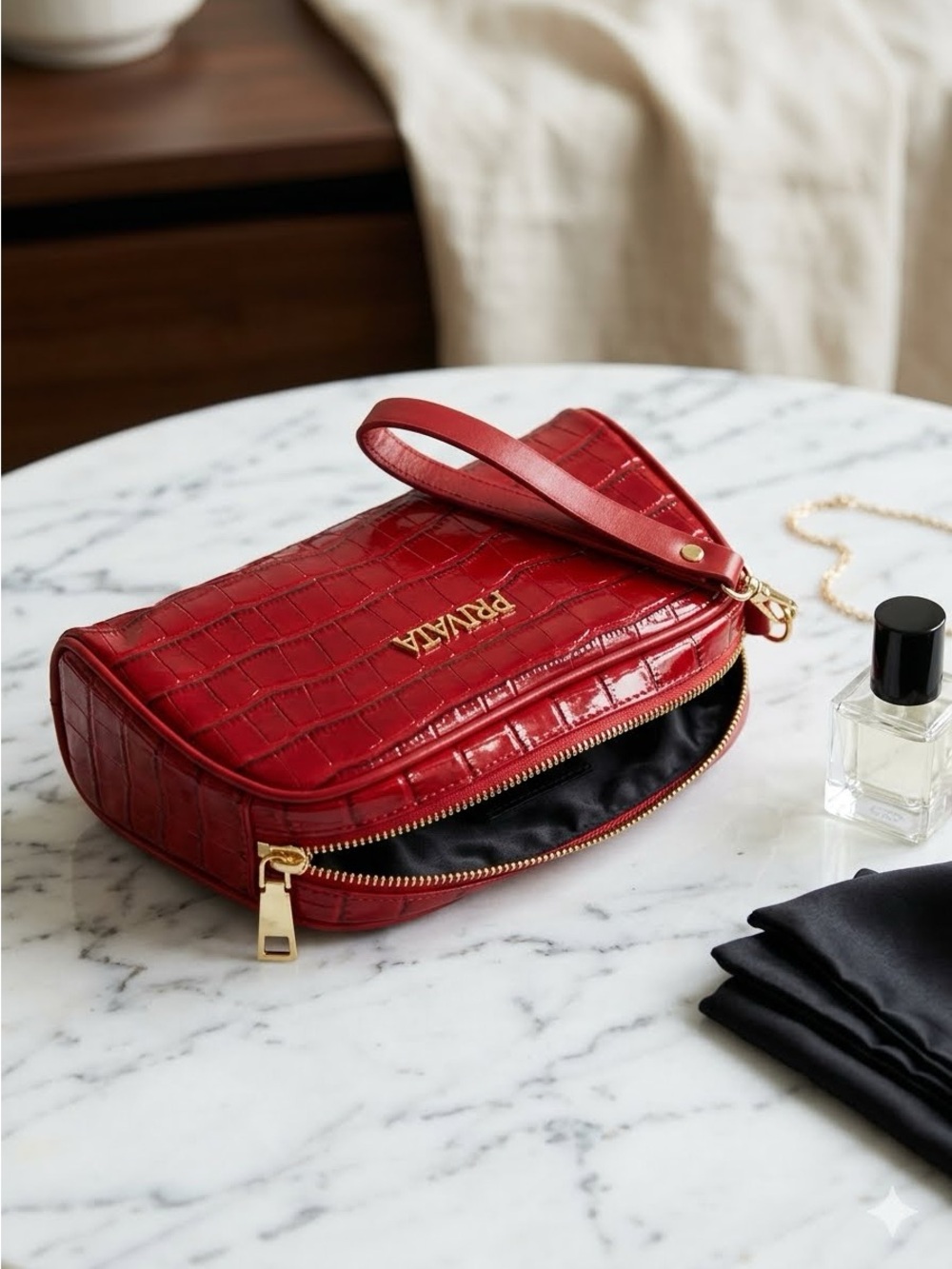 Privata Red Croc-Embossed Patent Cosmetic Case with Gold Logo